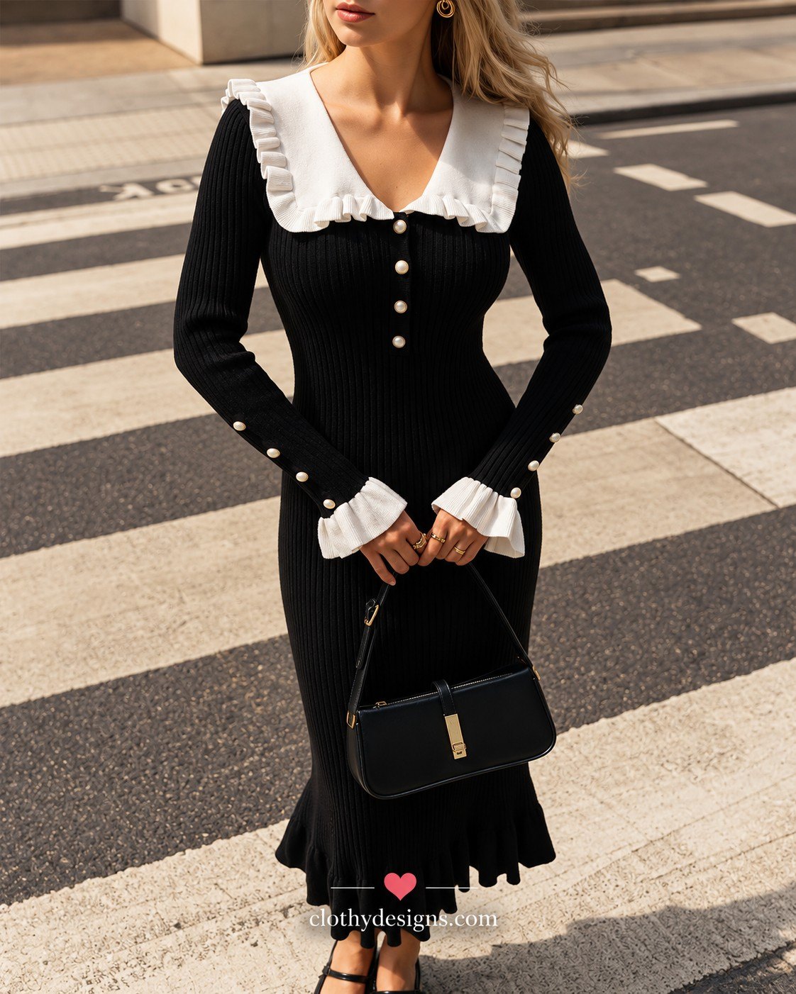 Elegant Knitted Ruffle Trim Sweater Dress for Women – Vintage Slim-Fit Midi Dress, Fall Winter Fashion